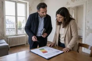 Un propriétaire et une locataire examinent un diagnostic énergétique dans un appartement ancien équipé d’un radiateur vétuste.