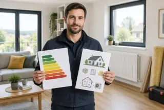Professionnel présentant deux dossiers distincts sur le DPE et l’audit énergétique dans un salon lumineux.